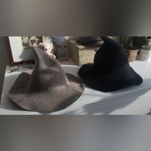 Pair of black and grey witchy hats